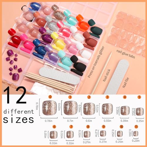 FANDAMEI Press on Toenails, 24 Colors 576PCS Fake Toe Nails Short, French Tip Press ons, Glitter Glossy Matte for Nail Art