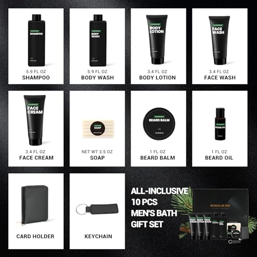Rinse & Robust Men's Self-Care Gift Set, 10 Pcs Cedarwood Grooming Kit with Bath and Body Wash Gift Set, Beard Oil, Balm & Business Card Case, Unique Gifts for Him Father's Day, Birthday