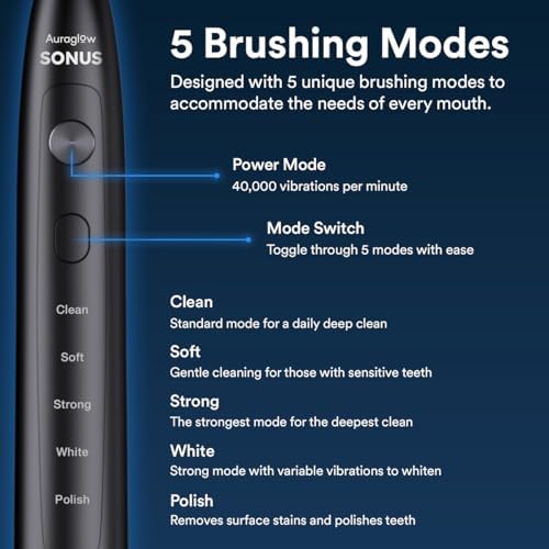 AURAGLOW Sonus Electric Toothbrush, 5 Cleaning Modes, 2 Brush Heads & Travel Case, 40,000 VPM Sonic Toothbrush & Wireless Charging, 30-Day Battery Life with Smart Timer, Black