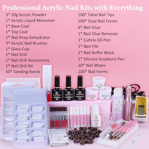 Acrylic Nail Kit with Drill: 20g Clear White Pink Acrylic Powder and Liquid Beginners Set - Professional Brushes Nail Tips Nail Supplies - Full Tools Extensions Starter for Women Home & Salon