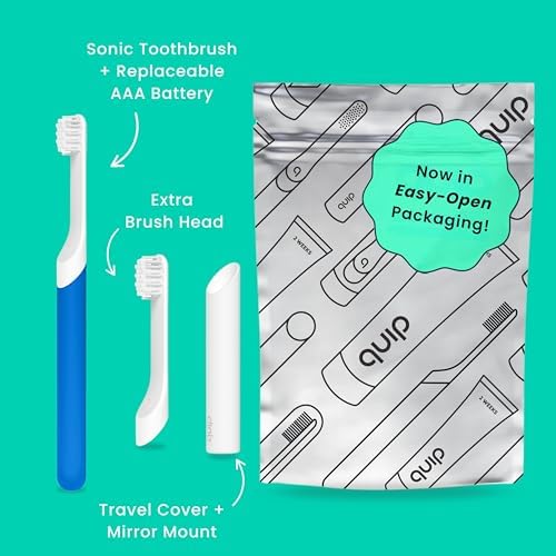 Quip Sonic Toothbrush for Kids with Timer - Includes Extra Brush Head and Travel Cover Mount - Electric, Soft Bristle Refill Head, Rubber Handle, 3 Month Battery Life - Travel Toothbrush - Blue