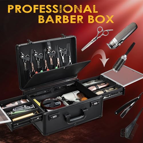 Barber Case 6 Clippers Sliding Tray, Profesional Barbers Briefcase Tool Case, Barber Cases for Clippers and Supplies, Hair Scissors Trimmer Organizer, Salon Hair Grooming Hard Travel Suitcase