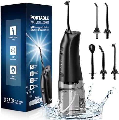 Demita Cordless Water Flosser for Teeth, 300ML 3 Modes 5 Jet Tips Portable Electric Flosser Pick for Adults, IPX7 Waterproof Oral Irrigator Cleaning Kit for, Gums, Braces Care(Black)
