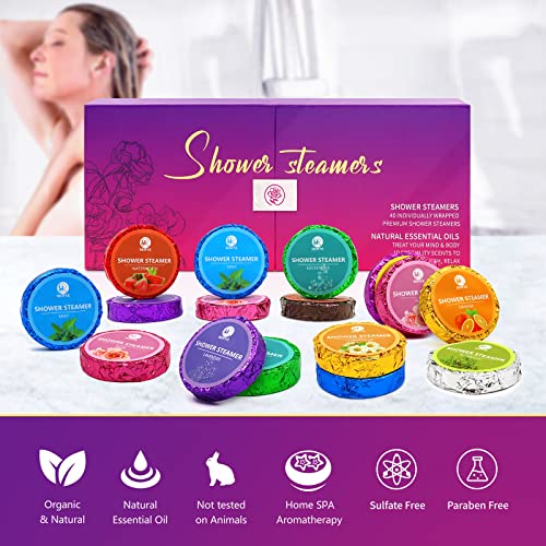40 PCS Shower Steamers Aromatherapy for Women or Men, 10 Scents Organic with Rose Lavender Mint Watermelon Eucalyptus Lemon Rosemary Grapefruit, Shower Bombs Spa Birthday Gifts for Her Him