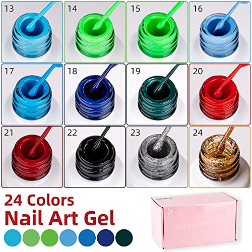 SXC Cosmetics 24-Color Gel Liner Set for Nail Art - With Built-in Thin Brush for Swirl Nail Designs and Soak-Off Gel Polish