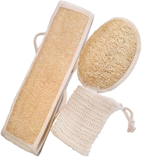 Natural Loofah and Sponge Set, Back Scrubber for Shower with Soap Bag. Body Exfoliating Loofah Sponge for Women and Men, 3-pcs