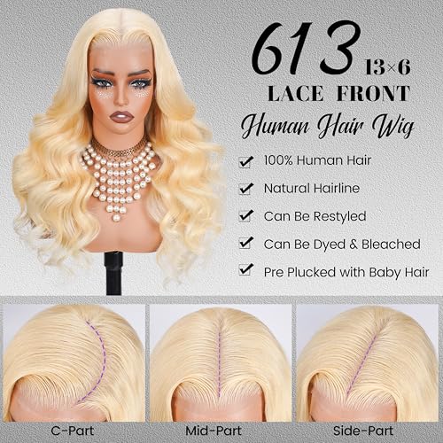 613 13x6 Lace Front Wig Human Hair 250 Density 30 Inch Body Wave Blonde Wig Human Hair 613 HD Lace Frontal Wigs 13x6, 100% Real Human Hair No Synthetic Blend No Tangle No Shedding Triple Lifespan 3X