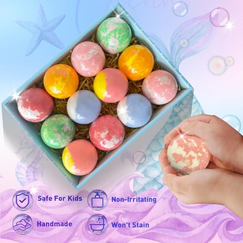 Bath Bombs for Kids with Surprise Inside, 12pcs Kids Bath Bombs with Mermaid Toys Gift Set for Girls, Shea & Coco Butter Dry Skin Moisturize, Handmade Fizzies Bubble Spa Bath Ball for Birthday Easter
