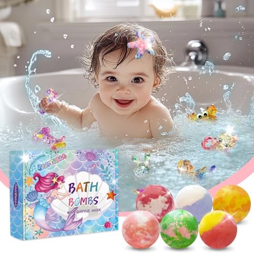 Bath Bombs for Kids with Surprise Inside, 12pcs Kids Bath Bombs with Mermaid Toys Gift Set for Girls, Shea & Coco Butter Dry Skin Moisturize, Handmade Fizzies Bubble Spa Bath Ball for Birthday Easter