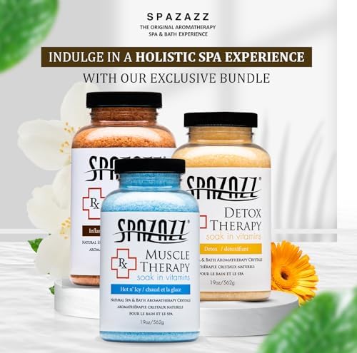 Spazazz Hot Tub Aromatherapy RX Muscle Detox Joint Bath Salt Crystals Bundle. Three Jars of 19oz Spazazz Hot Tub Crystals with Hot/Cold Towel and 5-Point Full Body Massager