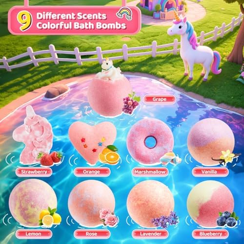 Kids Bath Bombs with Surprise Inside,9 Pack Unicorn Bath Bombs for Girls-5 with Surprise Toys,Including Jewelry Toys,Natural Organic Kids Bubble Bath with Fruity Scents,Relaxing Aromas,Birthday Gift