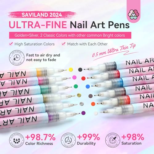 SAVILAND Nail Art Pens Set: 12 Colors 0.5MM 3D Nail Polish Pens Quick Drying Acrylic Paint Nail Art Markers Nail Point Graffiti Dotting Tools Drawing Painting Liner Nail Art Design Pens Home DIY