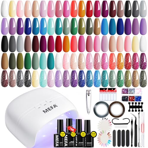 MEFA 60 Pcs Gel Nail Polish Kit with U V Light, 32 Colors Classic Popular Nail Kit Soak Off Nail Polish Gel Set with Matte/Glossy Base Top Coat Easter Decorations Manicure Tools Gifts for Women
