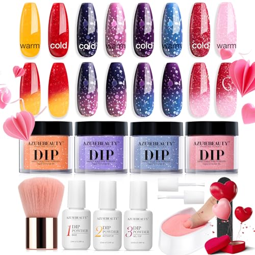 AZUREBEAUTY Color Changing Dip Powder Nail Kit Starter Fall Winter Glitter Pink Blue Purple Orange Mood Temperature Change Dipping Powder Liquid Set with Base Top Coat Activator for Home Manicure Gift