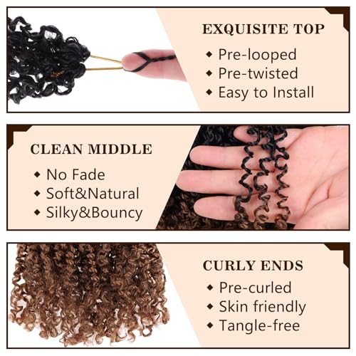 COOKOO 8 Inch 30 Strands/PCS Pre-looped Yanky Twists Crochet Braids 8 Packs Ombre Brown Spring Twists Hair Senegalese Twist Crochet Hair with Curls Synthetic Marlybob Crochet Hair Extensions 1B/30#