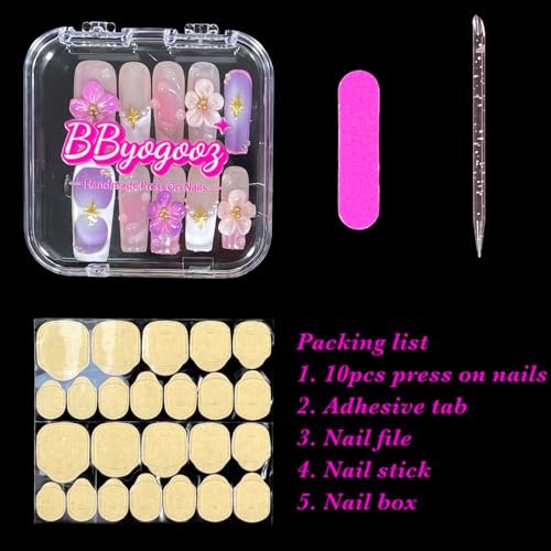 Handmade Press On Nails Medium/Long Square Pink 3D Sakura Design - Reusable French Acrylic Fake Nails with Gold Stars & Pearls, Luxury Cherry Blossom False Nails (Sakura, S)