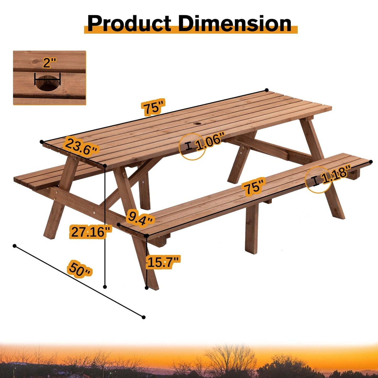 75 Inch Picnic Table, 8-Person Wooden Picnic Table with 2 Built-In Benches, Outdoor Camping Dining Table for Backyard, Garden, Patio, DIY Assembly, 2220 lbs Capacity, Brown
