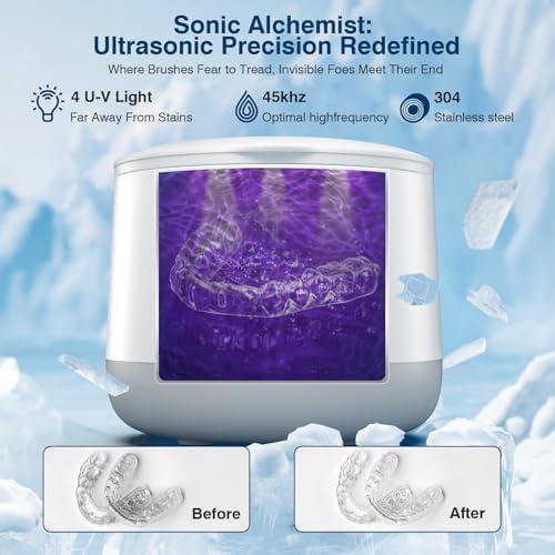 Advanced Ultrasonic Retainer Cleaner Machine for Dentures, Mouth Guards, Braces, Toothbrush Heads, Jewelry, 45kHz Triple-Phase Purification System, 4 Modes for Multiple Dental Appliances