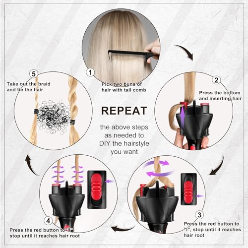 7 Pieces Automatic Braider Set - Electronic Braid Maker, Hair Twister with Comb and Clips for Styling (Black)