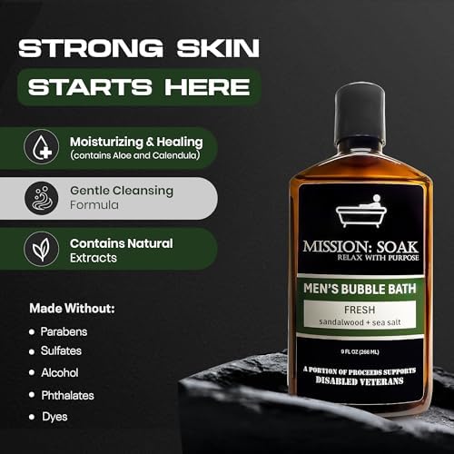 Men’s Luxury Bubble Bath – Sandalwood & Sea Salt Scent | Muscle Recovery, Stress Relief & Skin Hydration | Full-Body Soak with Aloe Vera | 9 fl oz | Supports Disabled Veterans with Every Purchase