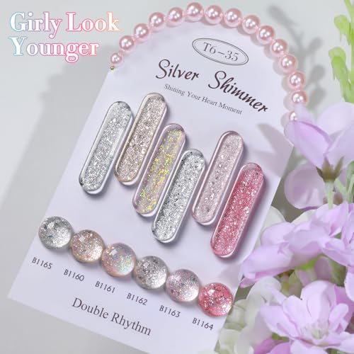 Double Rhythm 0.5 Oz Glitter Gel Polish Set of 6 Color with Display Board 15 ml Full Size Kit Shimmer Reflective Sparkle Soak Off Manicure Salon DIY at Home (Gold Silver Light Pink Rose-T6-35)