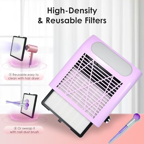 Nail Dust Collector for Arylic Gel Nail, 80W Nail Vacuum Dust Collector Extractor with Reusable Filter & Brush, Adjustable Electric Nail Fan Cleaner Machine for Nail Tech Manicure, Low Noise
