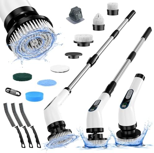 Powerful Electric Spin Scrubber Cordless — 3000mAh Cordless Bathroom Scrubber with 2 Speeds + 7 Brush Heads + 1 Wall Hanger + 3 Crevice Tools — Bathroom Cleaning Brush. Electric Shower Scrubber