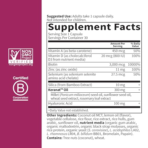 Garden of Life Hair Growth Duo Caps, Supplement for Thicker, Healthier Hair with Hyaluronic Acid, Biotin, Silica, and Patented Keranat, 30 Plant-Based Capsules