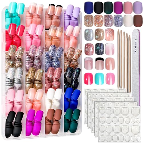 FANDAMEI Press on Nails, 24 Colors 576PCS Press on Nails Short Square Matte Glossy. Glitter Press on Nails Short Round. Natural Fit Lightweight Fake Nails Natural for Nail Art