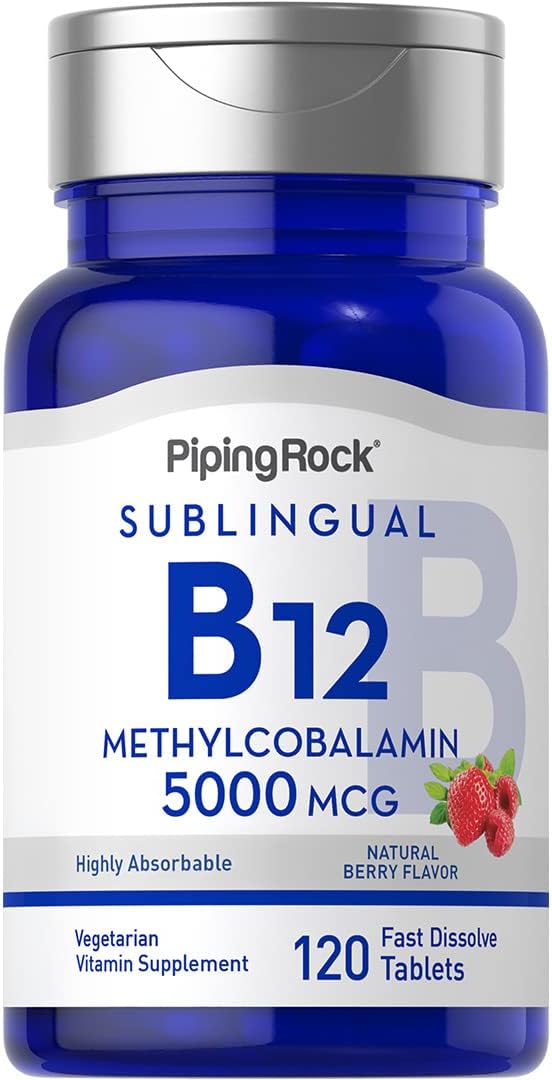 Piping Rock B12 Vitamin 5000 mcg | 120 Tablets | Sublingual Methylcobalamin Supplement | Berry Flavor, Vegetarian, Non-GMO, Gluten Free