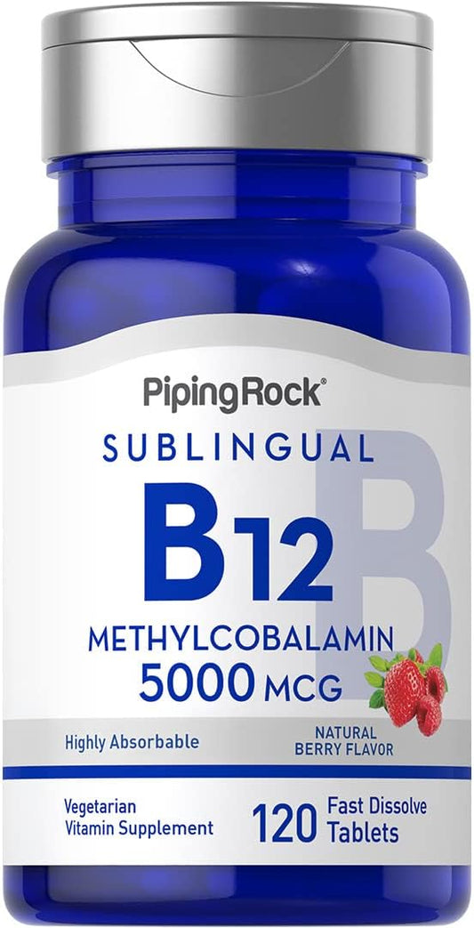 Piping Rock B12 Vitamin 5000 mcg | 120 Tablets | Sublingual Methylcobalamin Supplement | Berry Flavor, Vegetarian, Non-GMO, Gluten Free