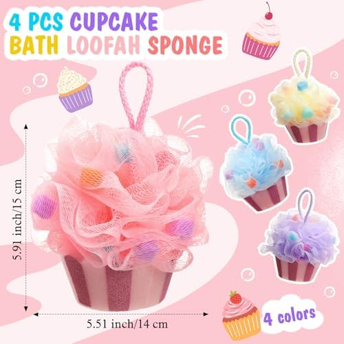 4 Pcs Cupcake Bath Loofah Sponge Cartoon Body Scrubber Loofah Soft Mesh Exfoliating Bath Scrubber Shower Ball for Shower Sponge Gifts Exchange Birthday Party