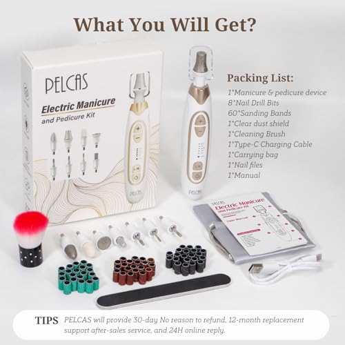 PELCAS Electric Toenail Grinder for Thick Toenails, 5 Speeds Manicure and Pedicure Kit, Cordless Nail Drill with LED Light, Electric Nail File for Human, Pet, Thick Toenails, Natural & Acrylic Nails