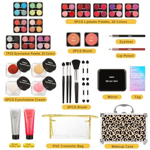 Anpro All-In-One Makeup Carry Case with Pro Teen Makeup Set, Full Starter Cosmetics Kit with Makeup Brushes, Lipsticks, Eye Shadows Palette, Blushes, Glitter Gel-Yellow Leopard