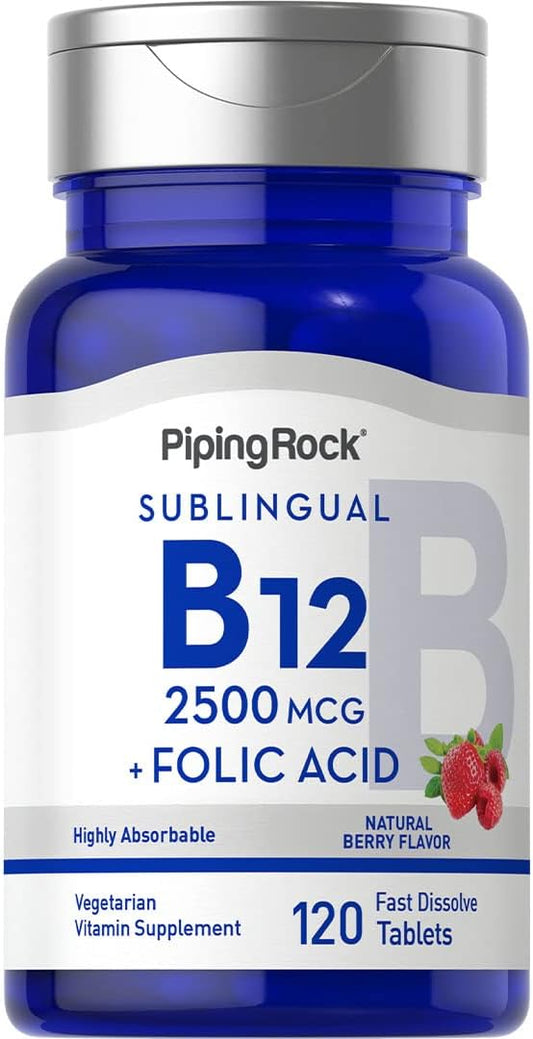 Piping Rock Vitamin B12 Sublingual | 2500 mcg | 120 Tablets | with Folic Acid | Supplement for Women and Men | Berry Flavor | Vegetarian, Non-GMO, Gluten Free