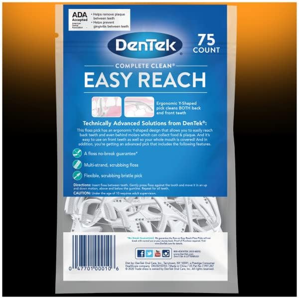 DenTek Complete Clean Easy Reach Floss Picks, Advanced Fluoride Coating, Mouthwash Blast Flavor, 75 ct. (Pack of 6)