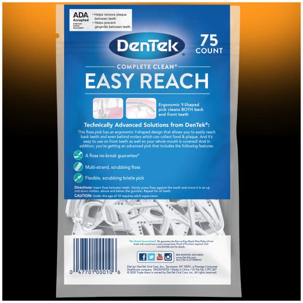 DenTek Complete Clean Easy Reach Floss Picks, Advanced Fluoride Coating, Mouthwash Blast Flavor, 75 ct. (Pack of 4)