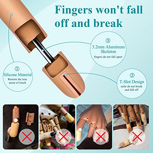 Practice Hand for Acrylic Nails, Nail Tips Never Fall Off Nail Practice Hands, Fingers Never Break Fake Hand for Nail Practice, Fexible Nail Hand Practice Mannequin Hand with 200 Pcs Nail Tips