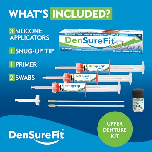 DenSureFit Upper Denture Reline Kit, Soft Silicone Denture Reliner Repair and Care Combo Kit with Extra Comfort Liner, Refit and Tighten for a Secure, Comfortable Fit