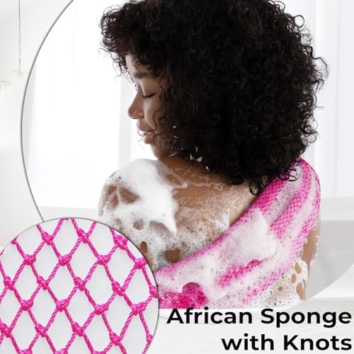 African Net Sponge Authentic - Afro Scrub Exfoliating Net Sponges with Knots - Real African Bath Sponge Washcloth for Shower - Body Exfoliator Scrubber