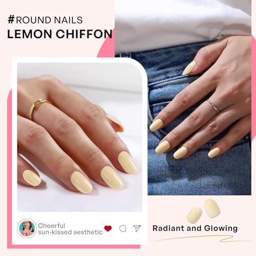 Spring Press on Nails Butter Yellow - GJZEZ Soft Gel False Nails, Short Round Manicure for Women, Salon Looking Comfort Fits Stick on Nails | 16 Sizes - 32 pcs Reusable Nail with Glue, Lemon Chiffon