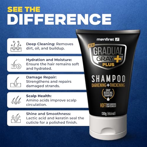 Menfirst - Gradual Gray PLUS Shampoo - Darkening + Thickening - Hair Dye Shampoo, Intense Pigment, Gray Coverage, Natural Finish, Easy 3-Min Application, 4.6 oz