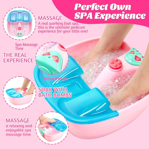 Kids Spa Day Kit for Girls,Girls Foot Spa with Nail Dryer & Bath Bombs,Kids Foot Spa with Music Foot Soak Tub & Nail Polish Set for Girls,Girls Toys Gifts for 6-12,Christmas Birthday Gifts