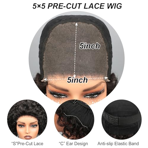 Short Curly Pixie Cut Wig Human Hair 5X5 Closure Glueless Wigs Human Hair Pre Plucked Pre Cut 8 Inch Brazilian Real Hair Pixie Wigs for Black Women Natural Color