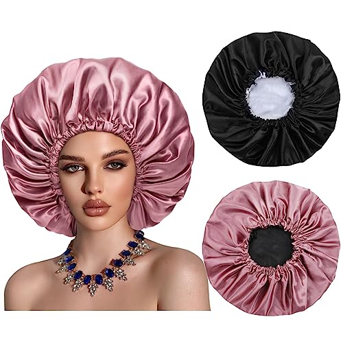 Satin Bonnet Silk Hair Cap: 2pcs Double Layer Reversible Extra Large Jumbo Adjustable Satin Lined Stainless Oversized Bonnets Sleep Night Cap No Slip-Off for Women Braids Sleeping (Black+Rosegold)