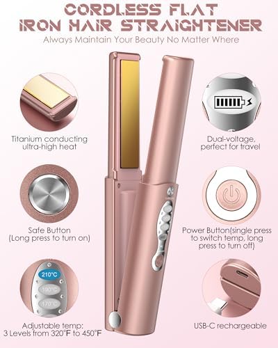 Portable Titanium Cordless Hair Straightener, Heats Up in Seconds & Lasts Up to 50 Minutes & USB C Rechargeable, Dual Voltage Wireless Mini Travel Flat Iron for Edges Bangs - Not for Thick Hair Type