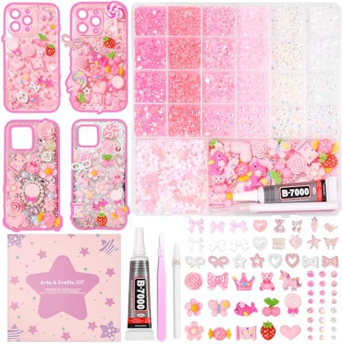 Junk Case Charms Kit, Pink White Pearls Resin Rhinestones Bedazzling Kit, Cute Candy Bear Cartoon Phone Cases Charms, Junk Case Kit with Big Charms with Glue for Crafts Nail Art DIY Accessories