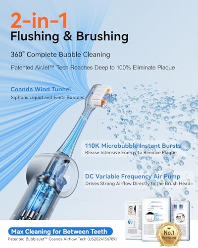 RANVOO [Vibrating & Flossing 2-in-1 AirJet Bubble Sonic Electric Toothbrush, 100% Plaque Removal, Whiter for Adult Protect Gum Orthodontic Teeth Clean Rechargeable Gift with 2 Soft Brush Heads Grey