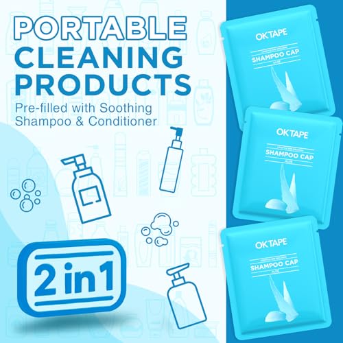 OK TAPE No Water Shampoo Cap (6 Packs), Microwaveable Rinse Free for Bedridden Patients or Elderly, Waterless Shampoo and Condition Hair, Aloe Vera Fragrance