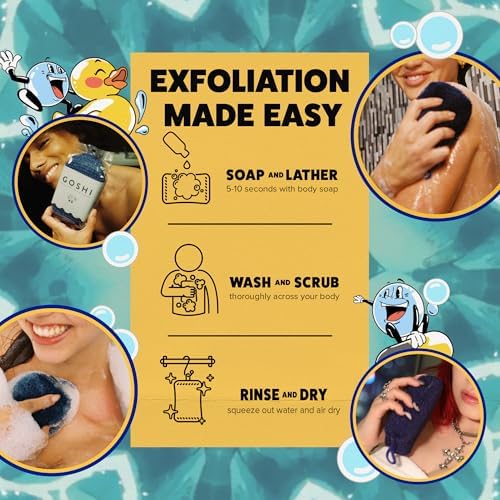 GOSHI Exfoliating Shower Sponge - Rip-Resistant, Rapid-Drying Exfoliating Bath Sponge for All Skin Types - Indigo Blue - Made in Japan